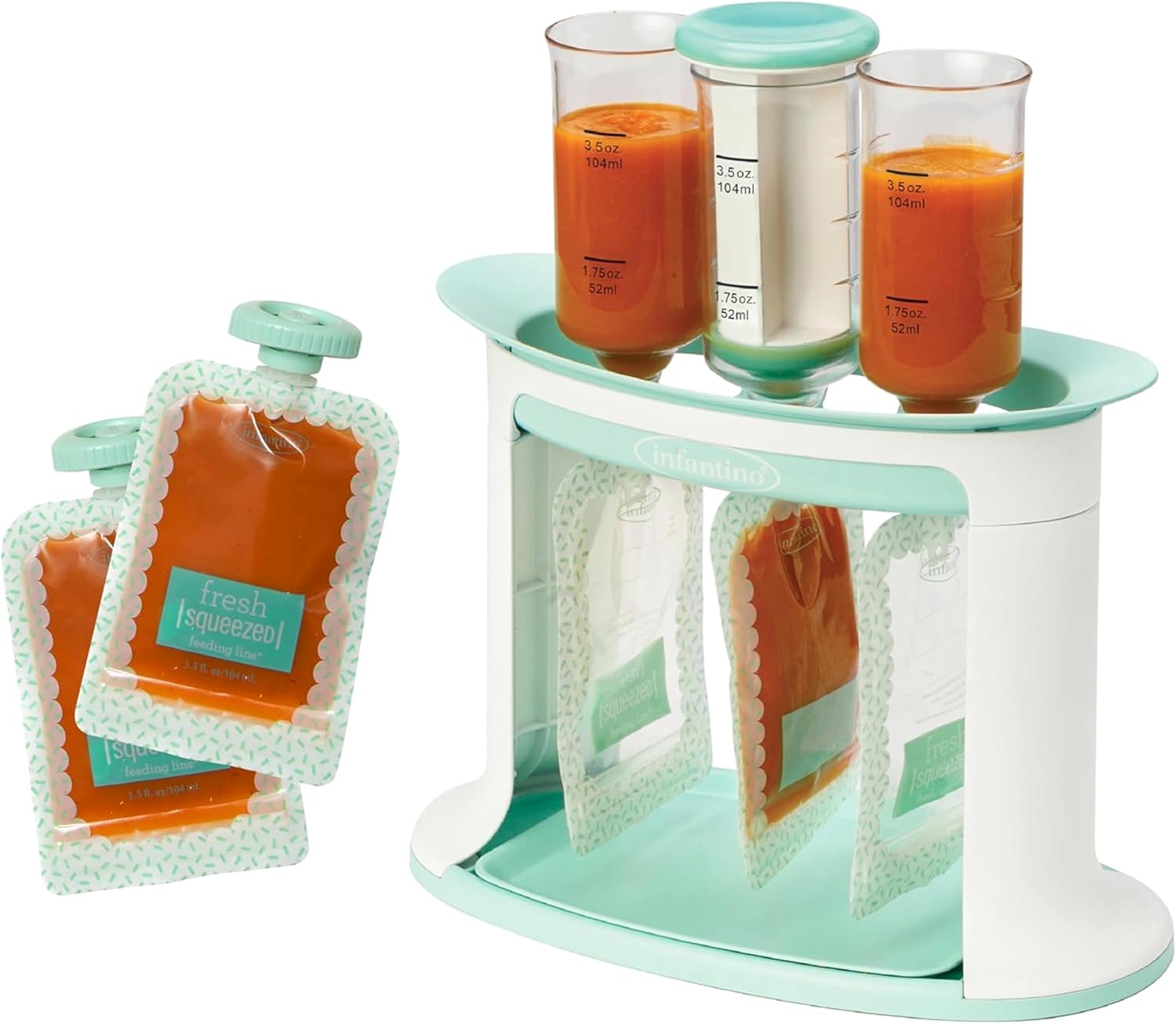 White baby food pouch filling station with reusable squeeze pouches and measuring tubes