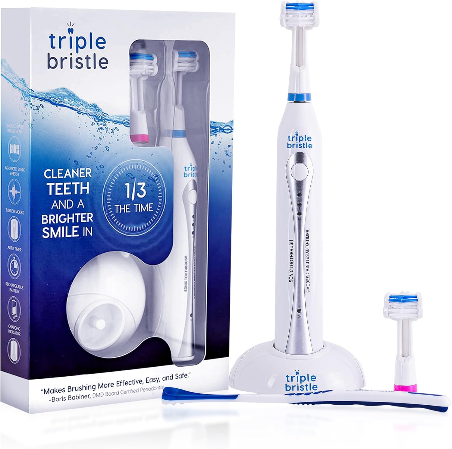 Triple Bristle 3-sided sonic rechargeable electric toothbrush with charging station