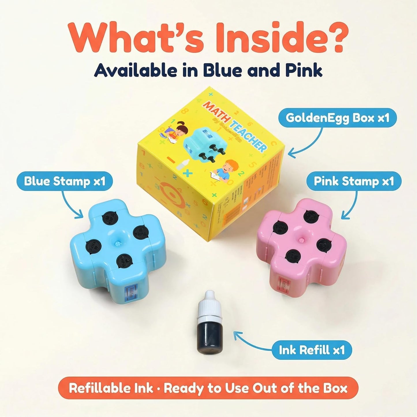 Math Roller Stamp 4-in-1 – Kids Addition, Subtraction & Multiplication Practice Tool (Blue)
