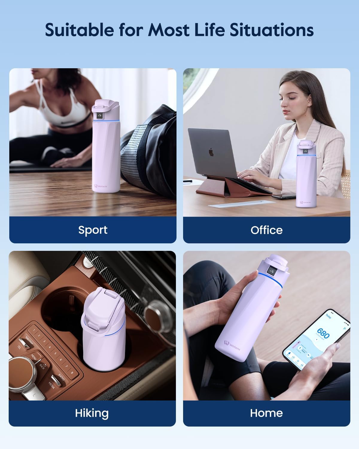 WaterH Smart Water Bottle 24oz - Insulated Stainless Steel with Hydration Tracker, Reminder & LED Display