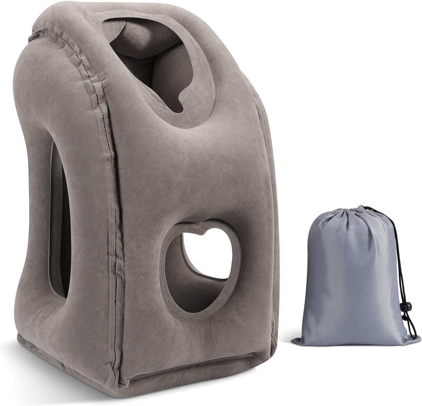 MoKo gray inflatable ergonomic travel neck pillow with storage bag for airplane