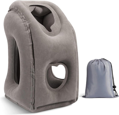MoKo gray inflatable ergonomic travel neck pillow with storage bag for airplane