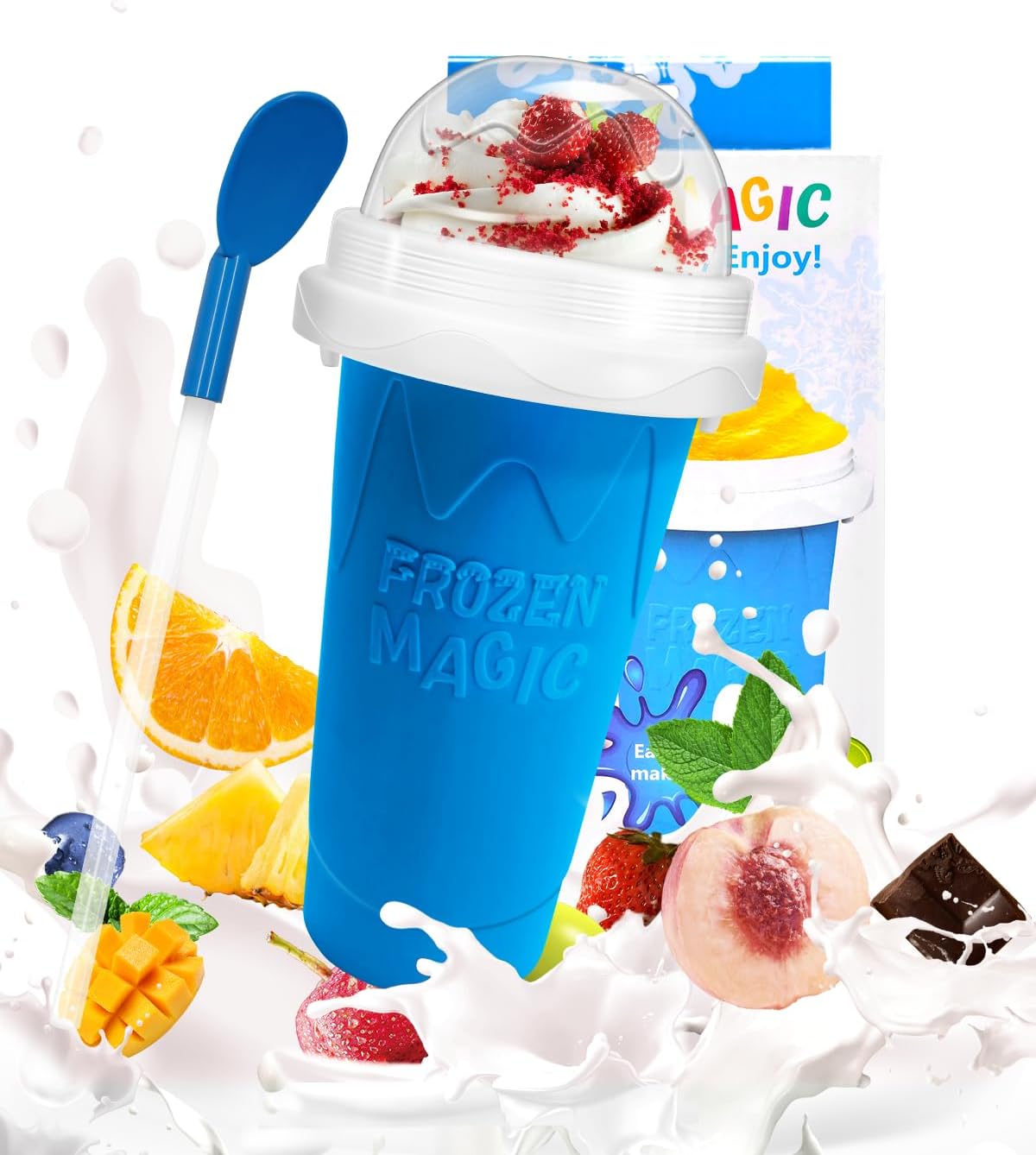 DIY squeeze slushy maker cup with 2-in-1 spoon straw, silicone frozen slushie cup for summer drinks and kids