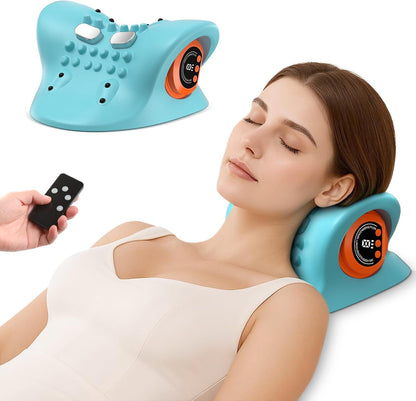 Portable neck traction massager with heat and vibration and wireless remote for neck relief
