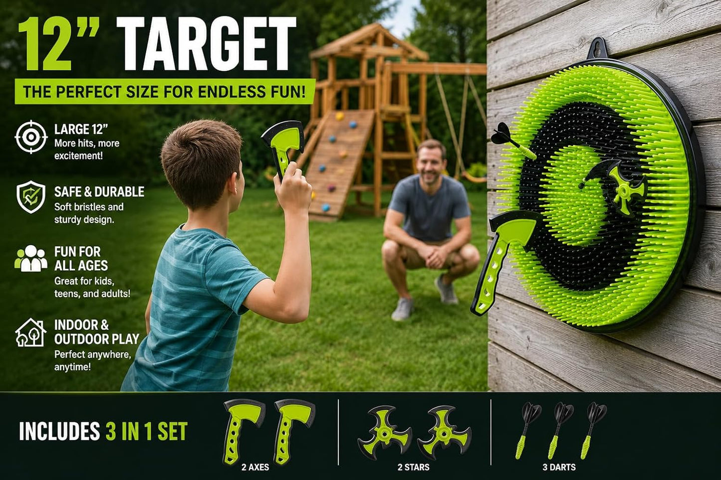 Leeray 3-in-1 Bristle Target Board Game – Axe Throwing Set for Kids Ages 6+