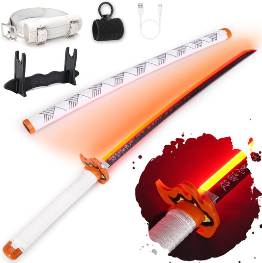 Rechargeable light-up LED cosplay sword glowing in the dark with holster and spinner