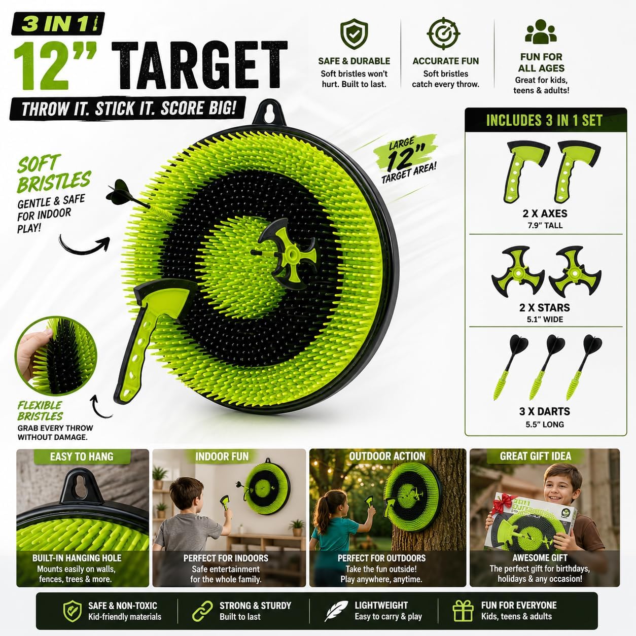 Leeray 3-in-1 Bristle Target Board Game – Axe Throwing Set for Kids Ages 6+