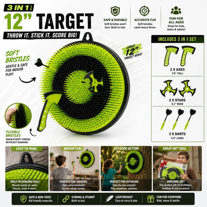 Leeray 3-in-1 Bristle Target Board Game – Axe Throwing Set for Kids Ages 6+