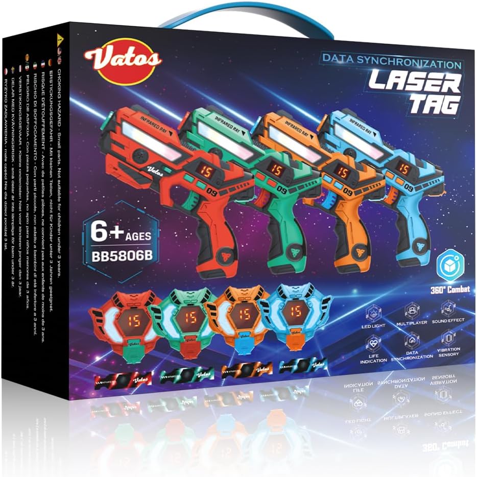 4 player laser tag set with LCD vests and rechargeable blasters