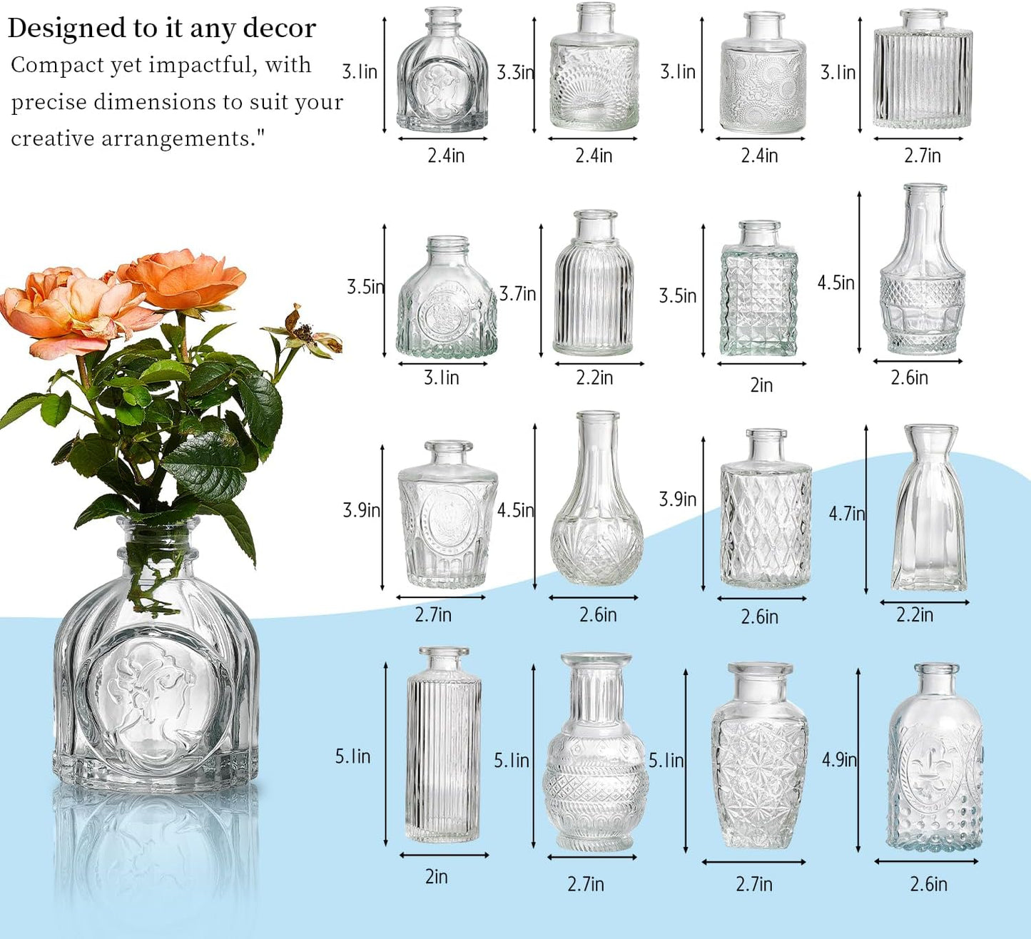 Glass Bud Vases Set of 16 – Small Clear Vintage Vases for Wedding Decor