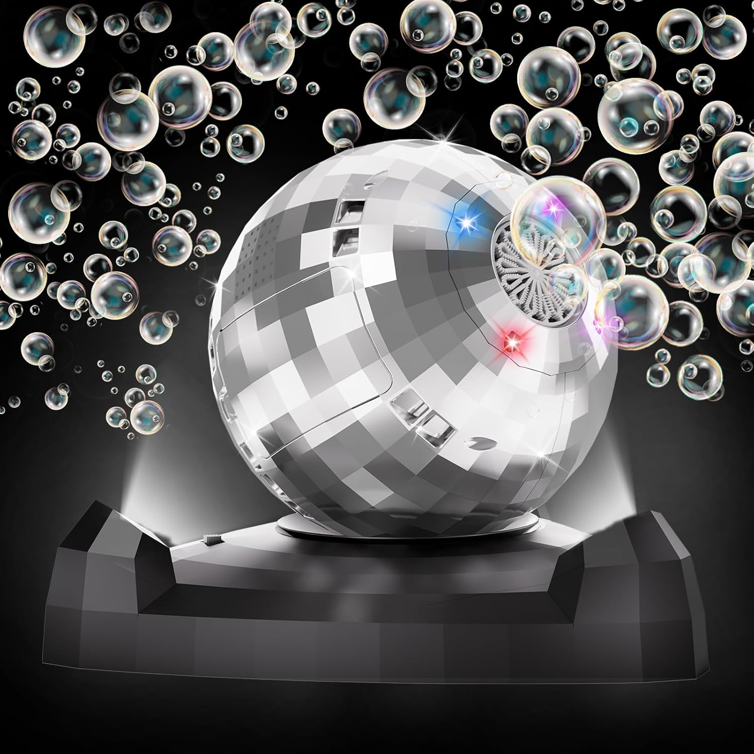 Automatic disco bubble machine with 360 rotating head and LED lights blowing bubbles for kids