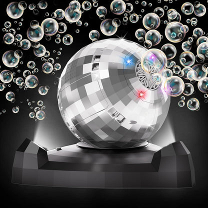 Automatic disco bubble machine with 360 rotating head and LED lights blowing bubbles for kids