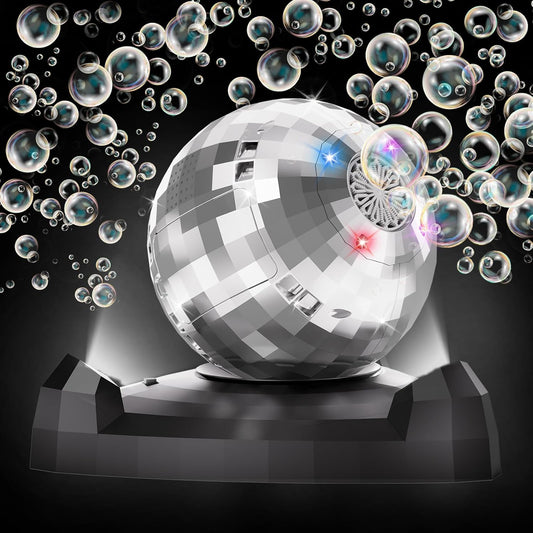Automatic disco bubble machine with 360 rotating head and LED lights blowing bubbles for kids