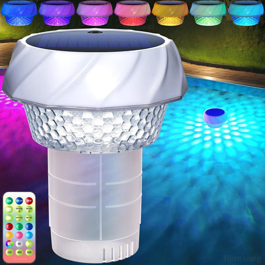 Solar color changing chlorine floater dispenser floating in a swimming pool with remote control
