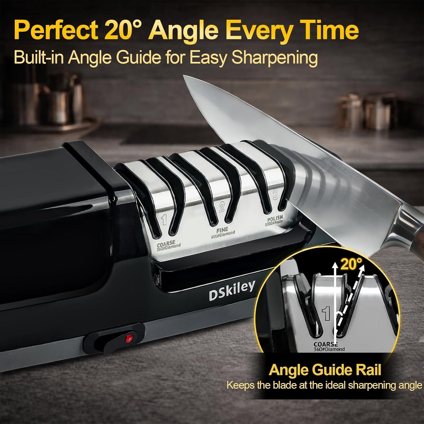 Electric Knife Sharpener - 3-Stage Diamond Kitchen Knife Sharpener with 20° Precision Angle, Fast & Easy