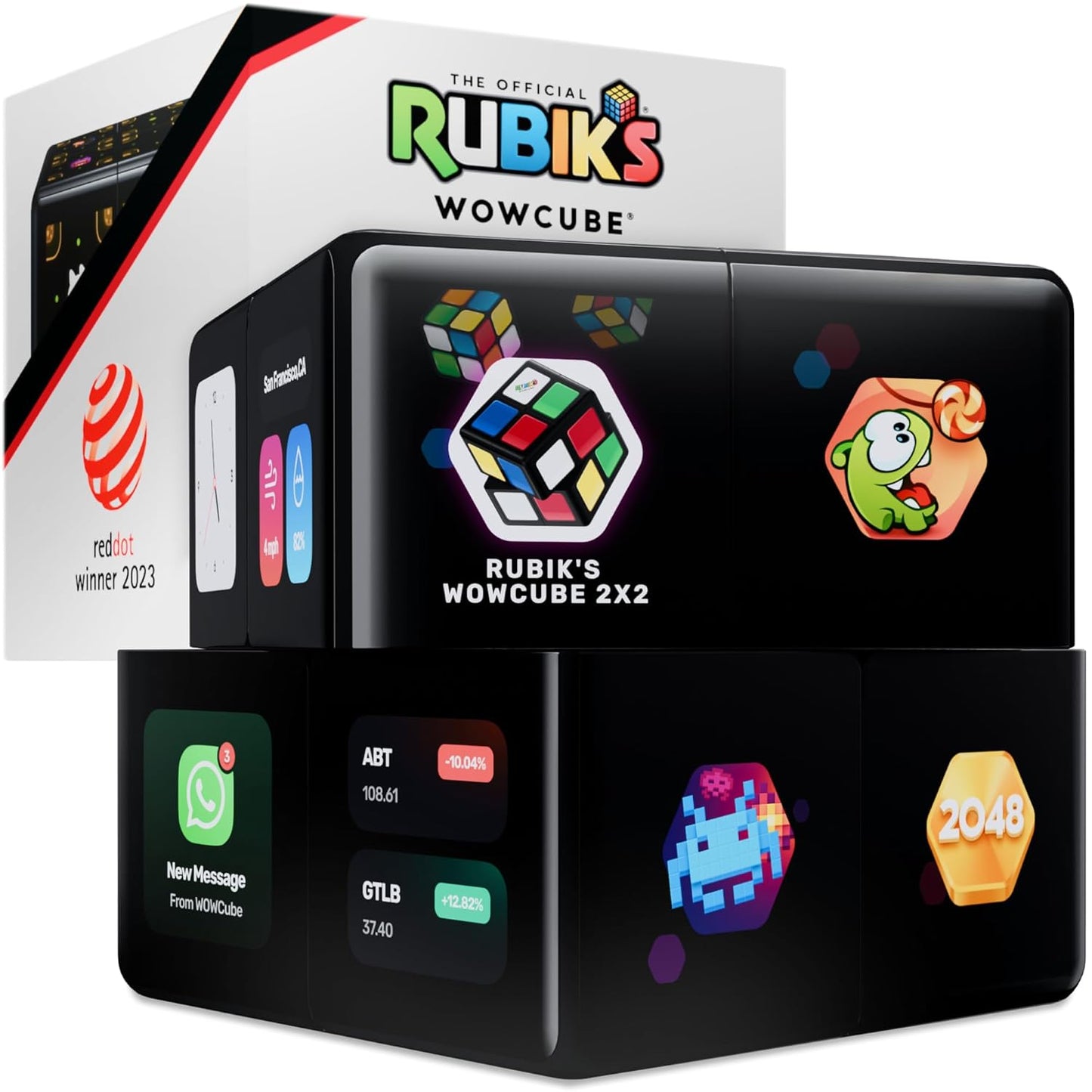 WOWCUBE interactive gaming cube with 24 color screens displaying a game across all sides