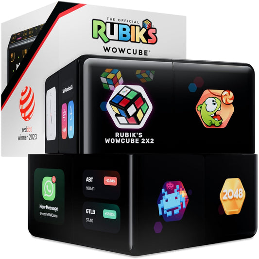 WOWCUBE interactive gaming cube with 24 color screens displaying a game across all sides