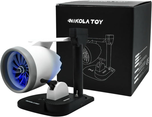 Blue jet engine turbofan fan desk gadget with rotating LED blades and wireless charger