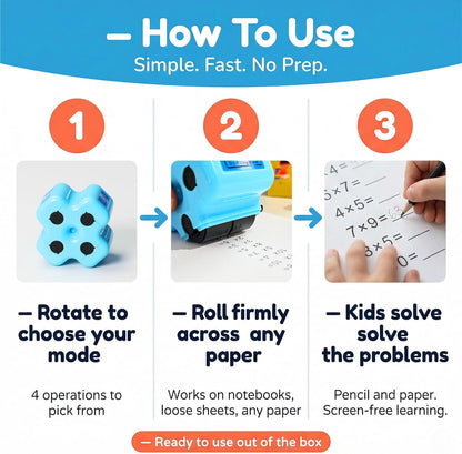 Math Roller Stamp 4-in-1 – Kids Addition, Subtraction & Multiplication Practice Tool (Blue)