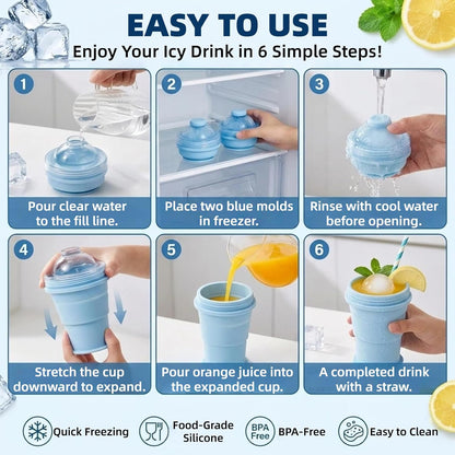 2-in-1 Silicone Ice Ball Maker Cup – Collapsible Travel Tumbler with Straw