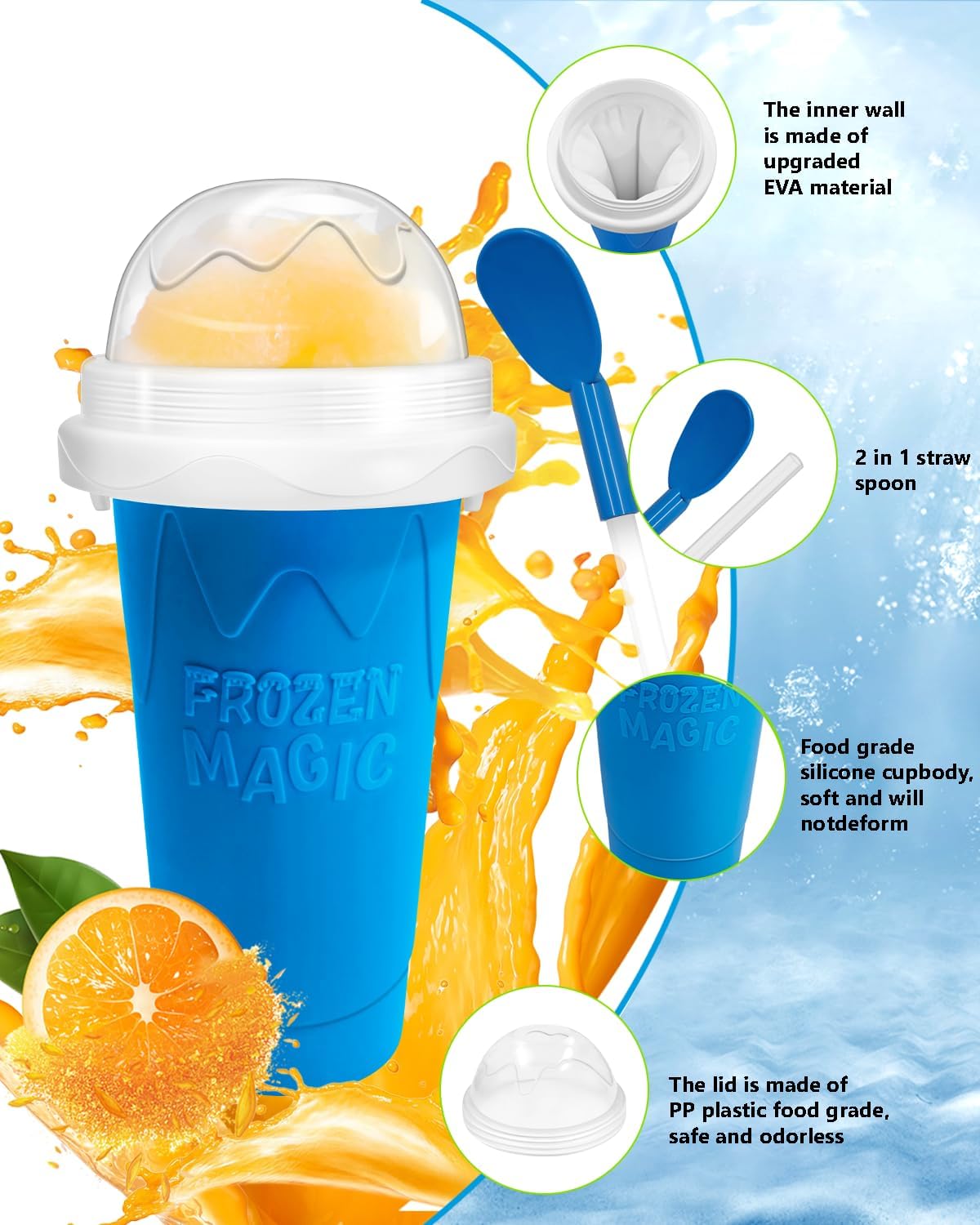 Squeeze Slushy Maker Cup - DIY Frozen Slushie Cup with 2-in-1 Spoon Straw, Silicone Ice Cup for Summer