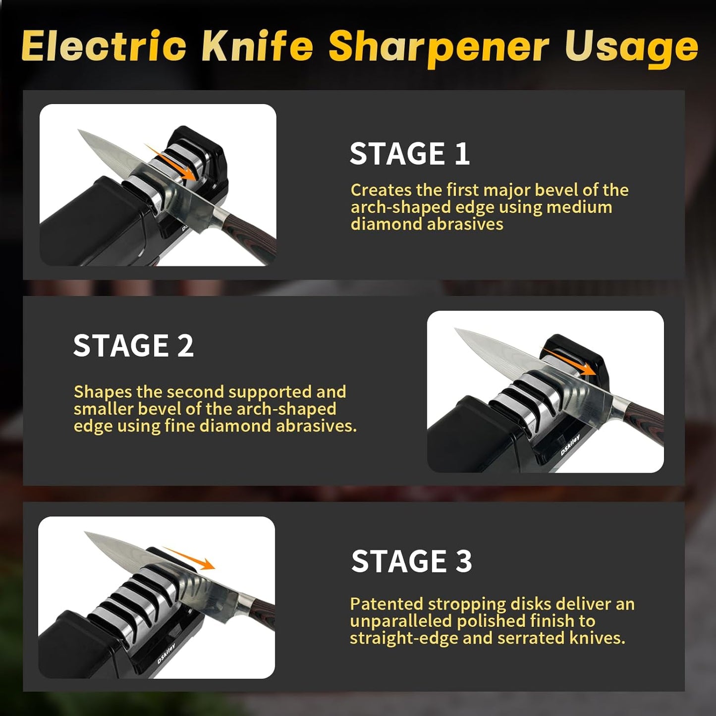 Electric Knife Sharpener - 3-Stage Diamond Kitchen Knife Sharpener with 20° Precision Angle, Fast & Easy