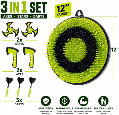 Leeray 3-in-1 Bristle Target Board Game – Axe Throwing Set for Kids Ages 6+