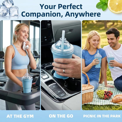 2-in-1 Silicone Ice Ball Maker Cup – Collapsible Travel Tumbler with Straw