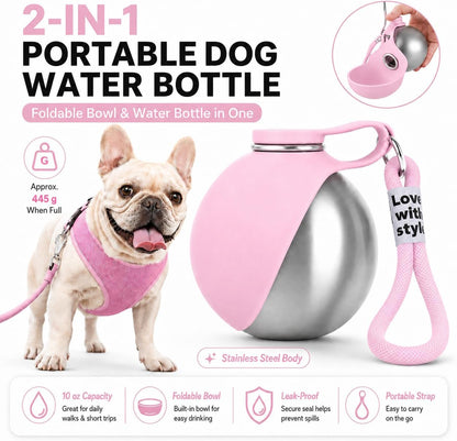 Portable Dog Water Bottle with Foldable Bowl – 10 oz Leak-Proof Travel Bottle