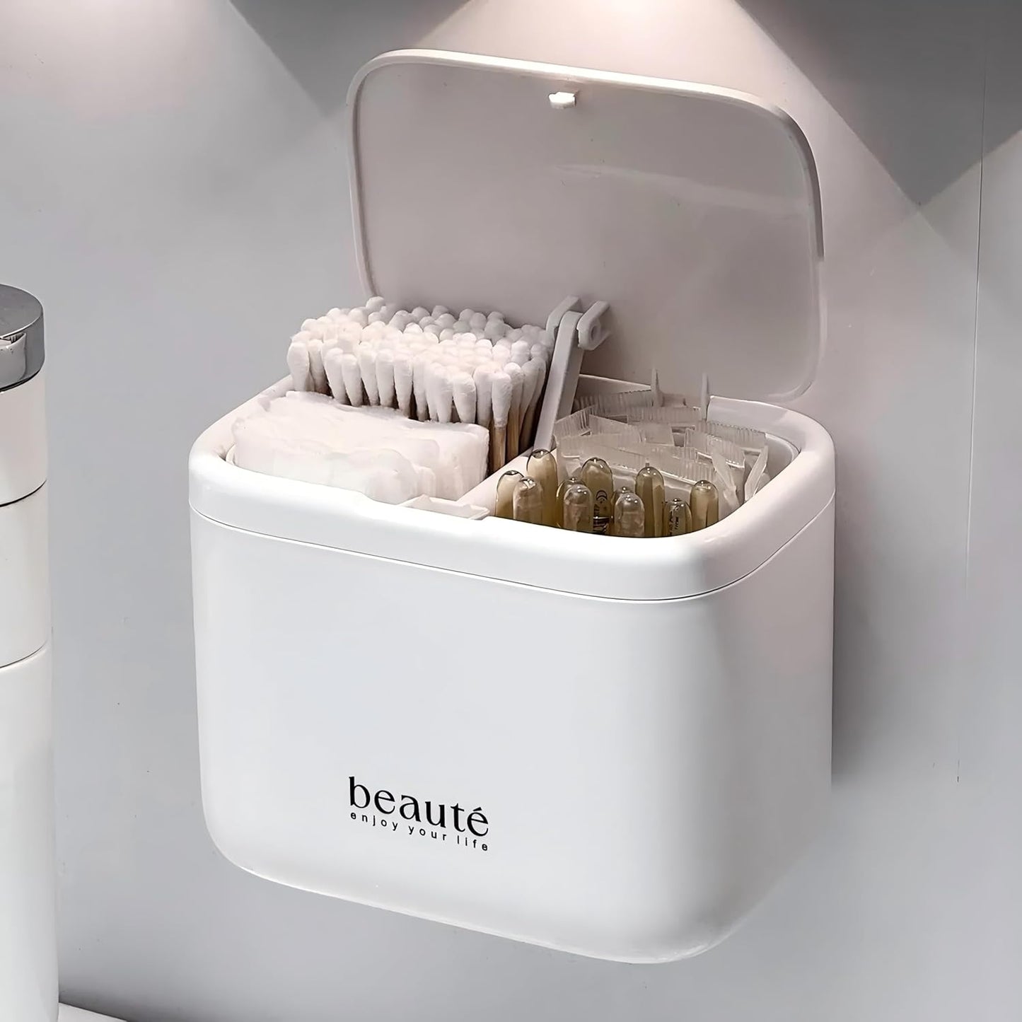 Pop-Up Cotton Swab Holder – 4-Compartment Wall Mount Bathroom Organizer