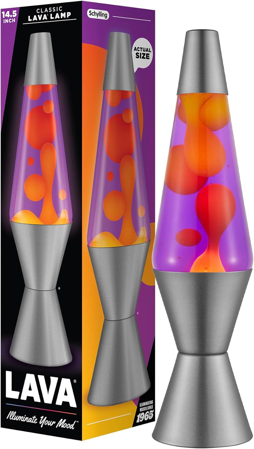 Original 14.5 inch lava lamp with yellow wax flowing through colored liquid on a desk