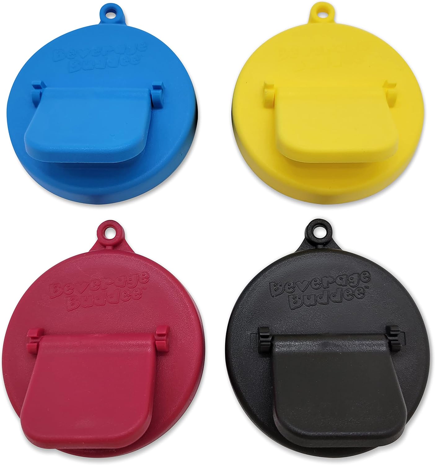Four colored snap-on can covers with one attached to a standard soda can
