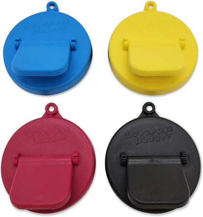 Four colored snap-on can covers with one attached to a standard soda can