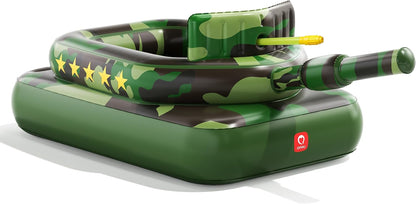 Inflatable tank pool float with built-in water cannon and camo design for kids and adults