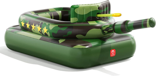 Inflatable tank pool float with built-in water cannon and camo design for kids and adults