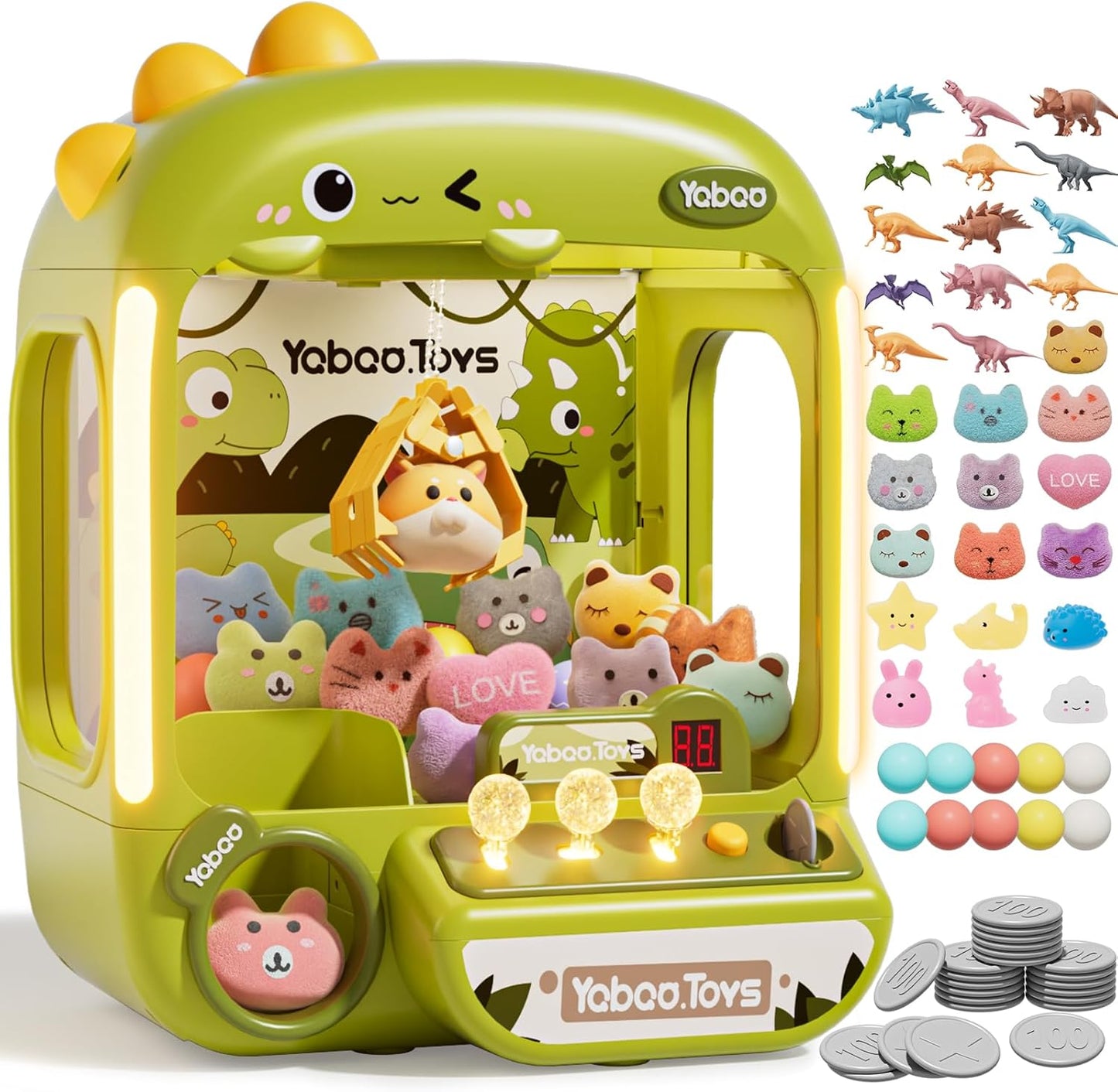 Kids claw machine toy with 64 mini dinosaur prizes, lights and sounds, mini arcade prize game for boys and girls ages 3 to 8