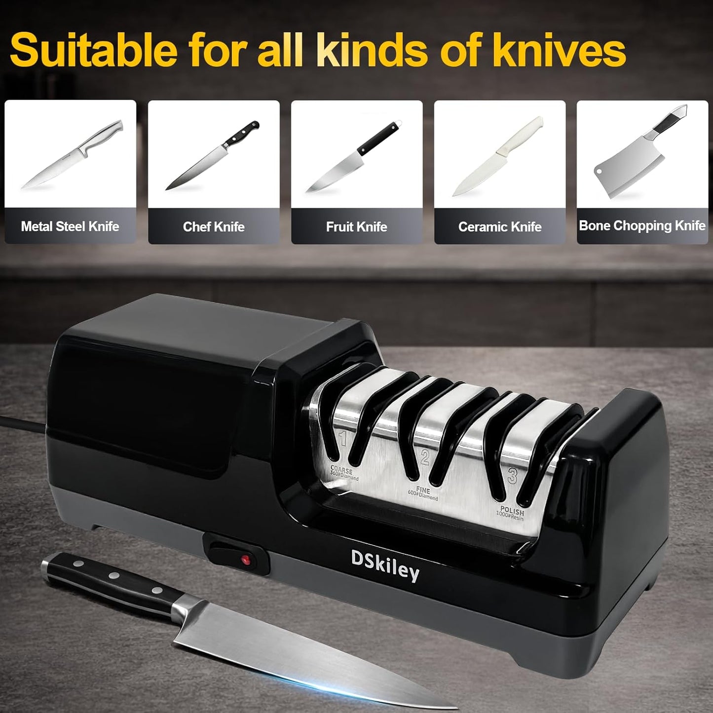 Electric Knife Sharpener - 3-Stage Diamond Kitchen Knife Sharpener with 20° Precision Angle, Fast & Easy