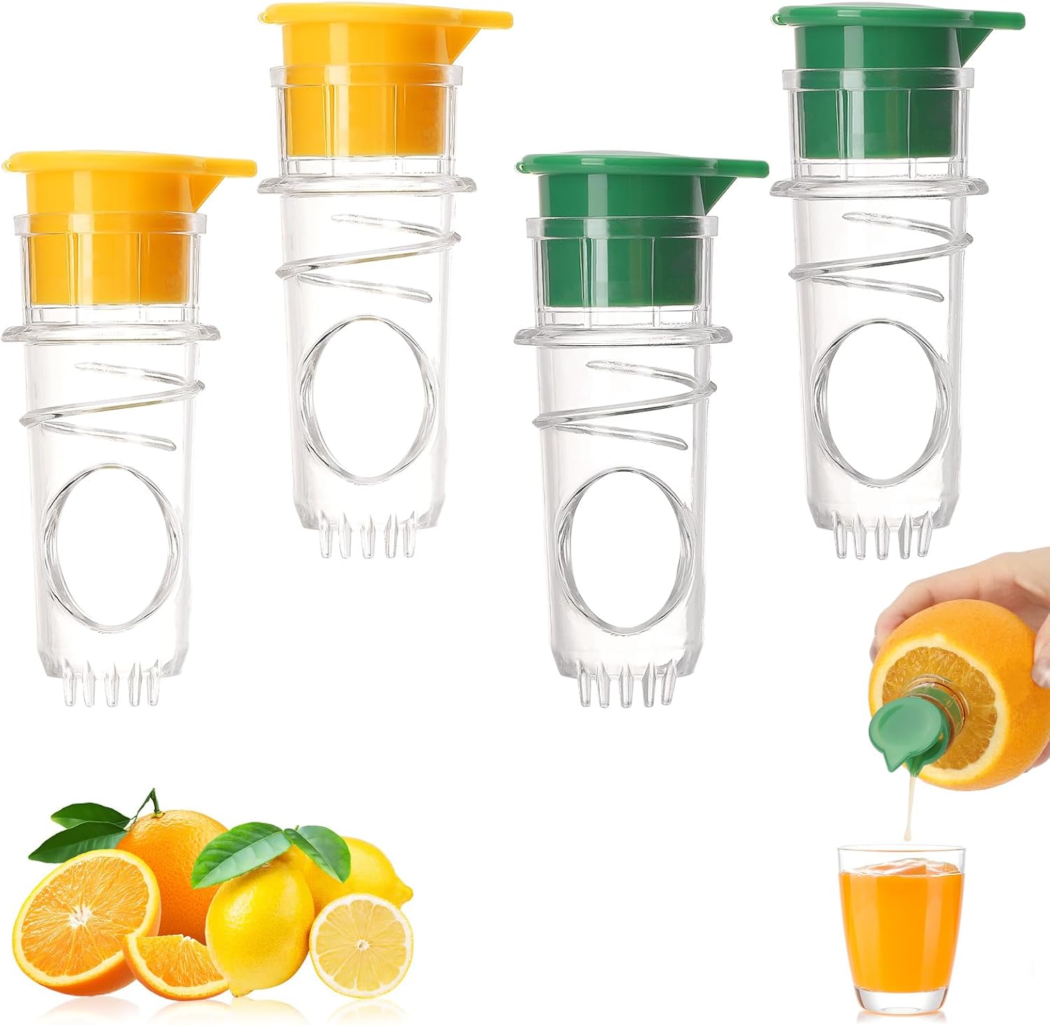Set of 4 manual lemon juicers in yellow and green with built-in seed filter