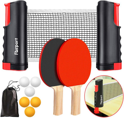 Portable ping pong paddle set with retractable table tennis net clamped to a table and 6 balls