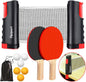 Portable ping pong paddle set with retractable table tennis net clamped to a table and 6 balls