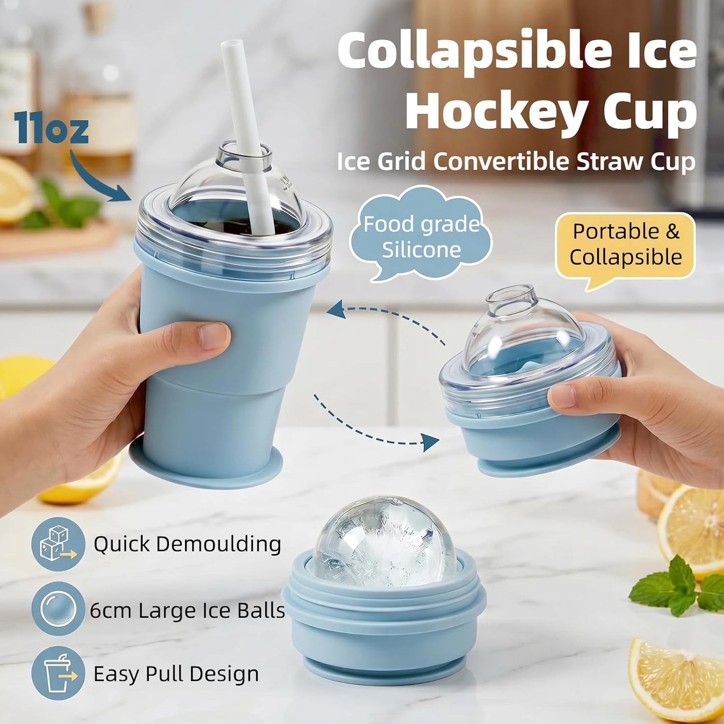 2-in-1 Silicone Ice Ball Maker Cup – Collapsible Travel Tumbler with Straw