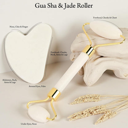 Jade Roller & Gua Sha Set – 5-in-1 Facial Tools Kit for Puffiness (White)