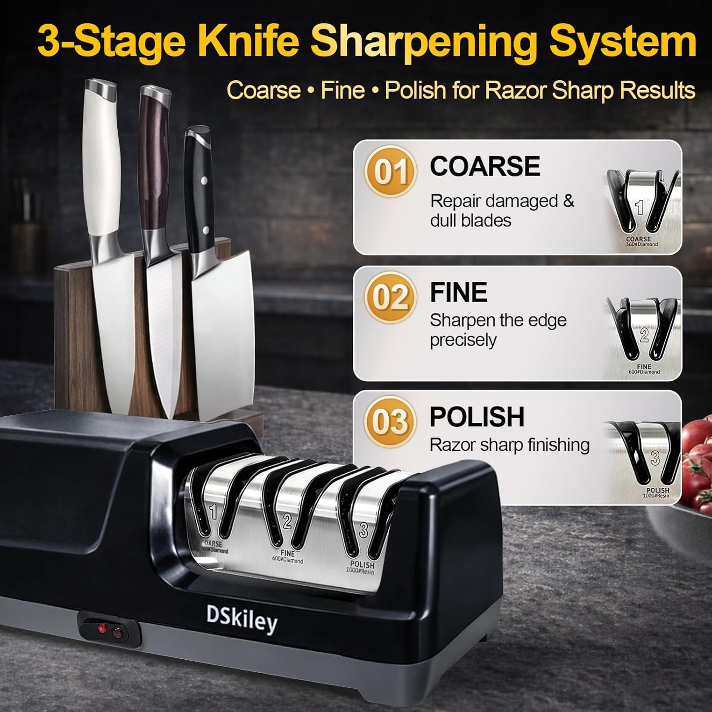 Electric Knife Sharpener - 3-Stage Diamond Kitchen Knife Sharpener with 20° Precision Angle, Fast & Easy