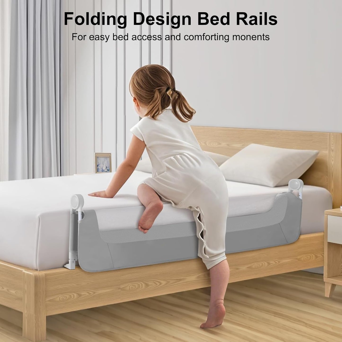 Toddler Bed Rail Guard - Swing Down Safety Bed Rail for Kids, Adjustable Height, Fits Most Beds.