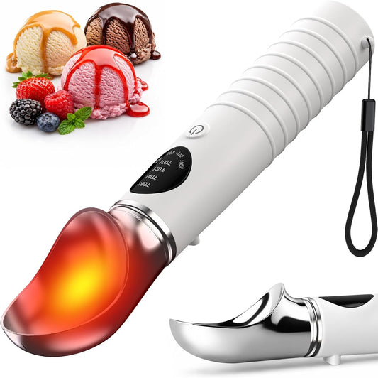 Electric heated ice cream scoop with LED display scooping a perfect ice cream ball