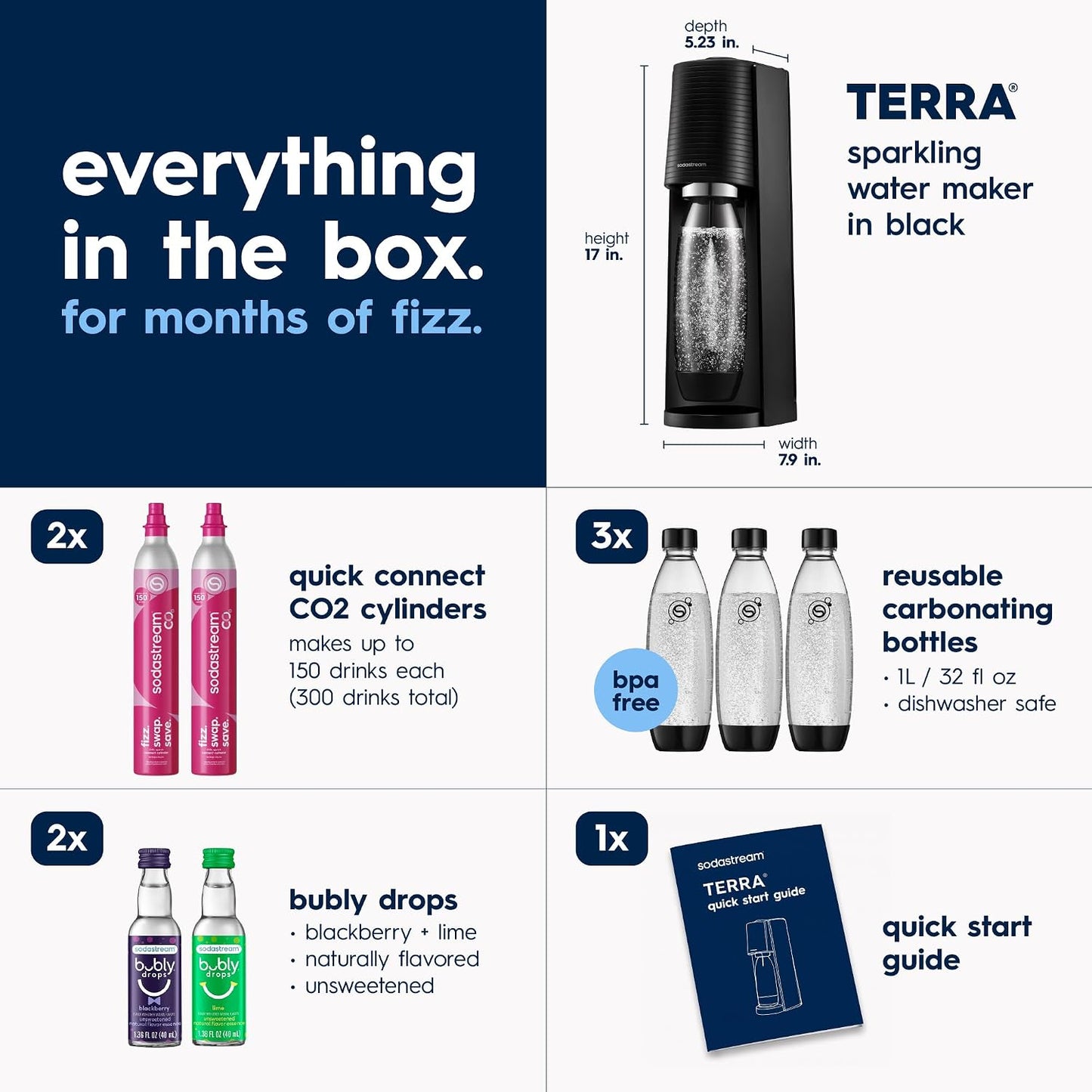 SodaStream TERRA Sparkling Water Maker Bundle – 2 CO2 Cylinders & 3 Bottles