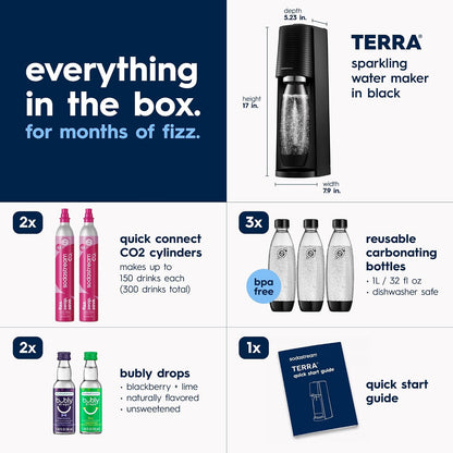 SodaStream TERRA Sparkling Water Maker Bundle – 2 CO2 Cylinders & 3 Bottles