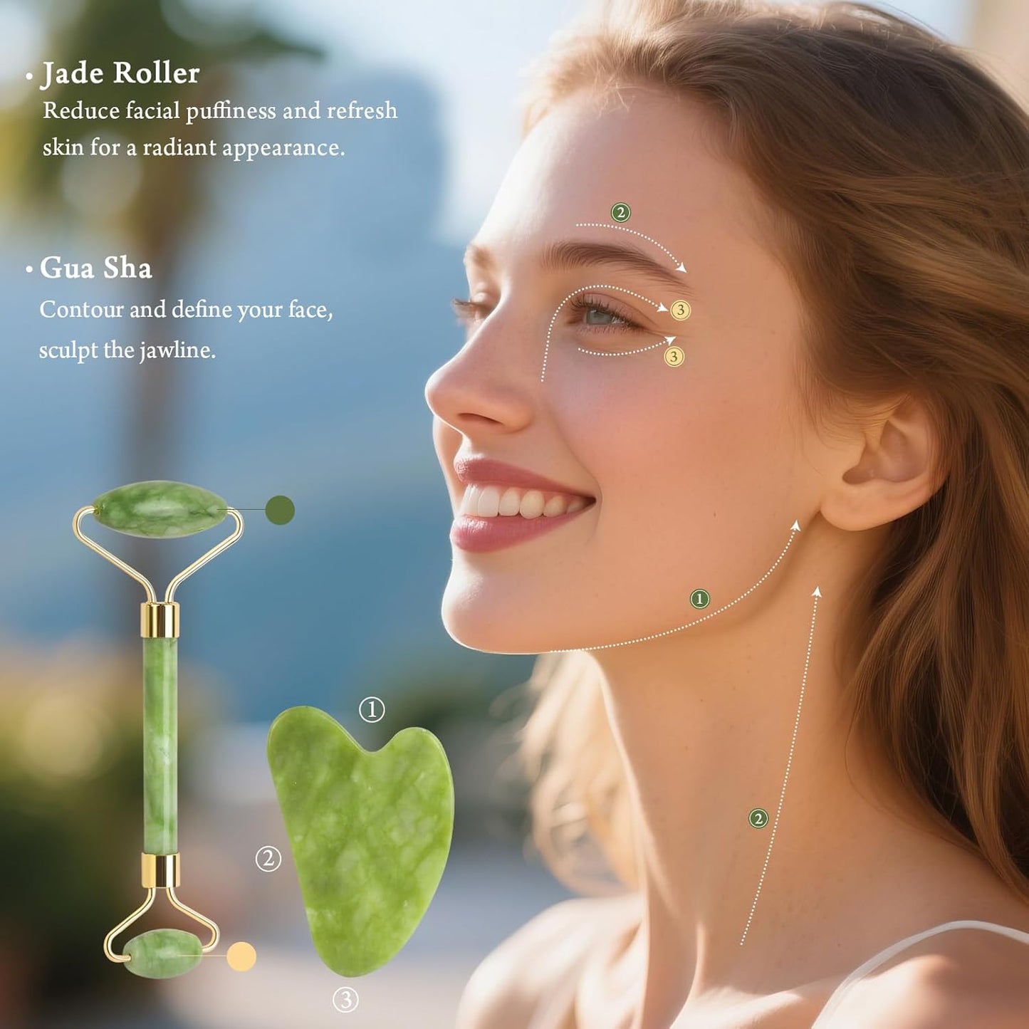 Jade Roller & Gua Sha Set – 5-in-1 Facial Tools Kit for Puffiness (Green)