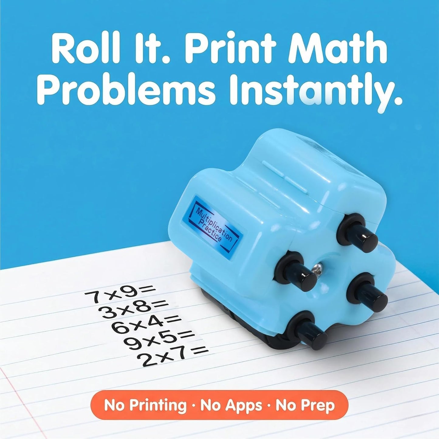 Math Roller Stamp 4-in-1 – Kids Addition, Subtraction & Multiplication Practice Tool (Blue)