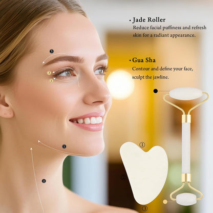 Jade Roller & Gua Sha Set – 5-in-1 Facial Tools Kit for Puffiness (White)